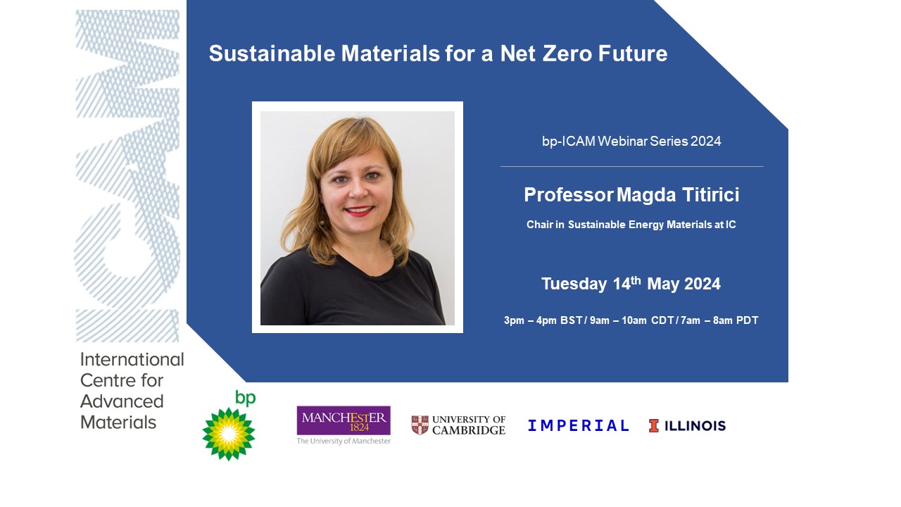 Promotion slide for Professor Magda Titirici's webinar on Sustainable Materials for a Net Zero Future (presented by the bp-ICAM)