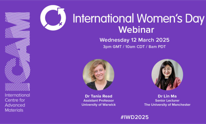 International Women's Day Webinar promotional image featuring IWD logo element, ICAM logo and portraits of Dr Tania Read and Dr Lin Ma. Includes date and time of the webinar (12 March 2025 at 3pm GMT) against a purple background.