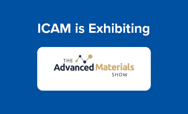 ICAM is Exhibiting at the Advanced Materials Show (AMS) including the AMS logo and a blue colour block
