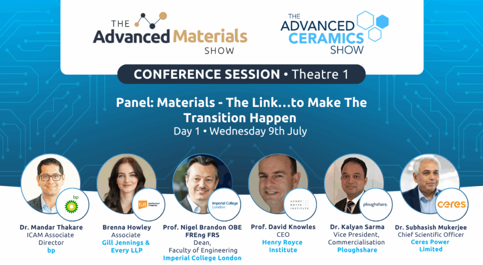 Promotional artwork for the “Materials – The Link…to Make the Transition Happen” panel at the 2025 Advanced Materials Show.
