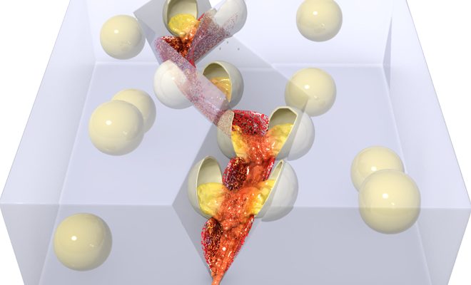 Illustration of Microcapsules containing visual indicators are embedded in the coating. Upon mechanical damage, the capsules rupture and the released core materials react with the coating to locally change colour