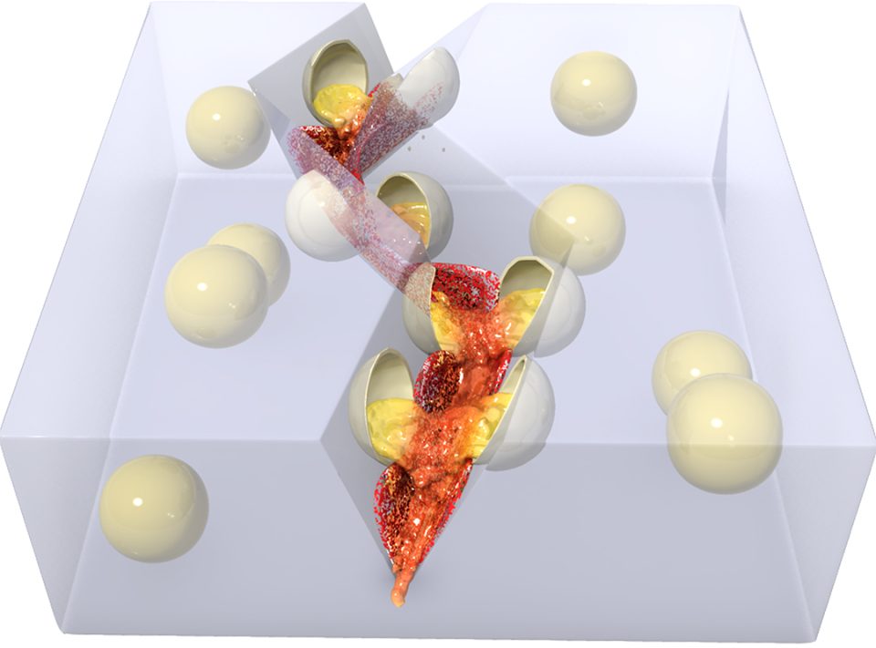 Illustration of Microcapsules containing visual indicators are embedded in the coating. Upon mechanical damage, the capsules rupture and the released core materials react with the coating to locally change colour