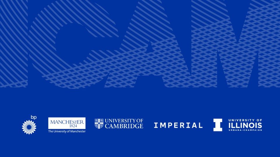 ICAM supergraphic with university partner logos against a blue background