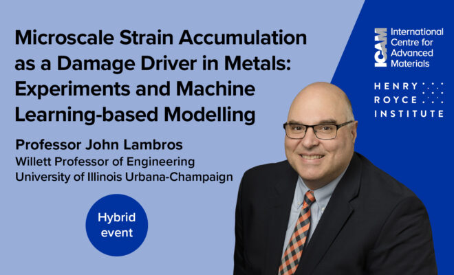 Promotional image for Professor John Lambros' hybrid seminar featuring his portrait against a blue background and featuring the ICAM and Henry Royce Institute logos. It includes the lecture title: Microscale Strain Accumulation as a Damage Driver in Metals: Experiments and Machine Learning-based Modelling, and his name and academic title.