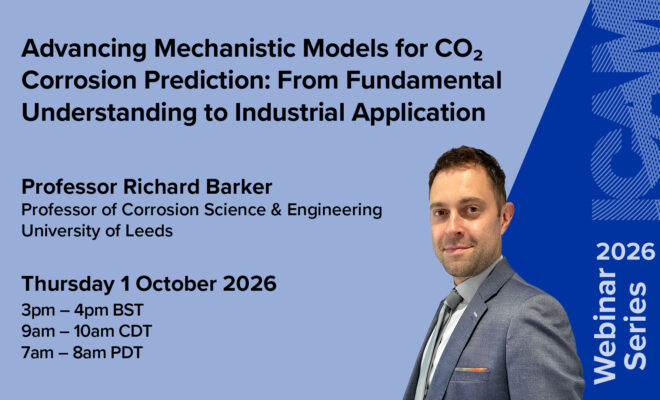 Promotional graphic for an ICAM 2026 Webinar Series lecture. The right side features the ICAM webinar branding on a blue background with the ICAM abstract logo graphic and a portrait of Professor Richard Barker against a blue background. Text on the image includes the lecture title, "Advancing Mechanistic Models for CO₂ Corrosion Prediction: From Fundamental Understanding to Industrial Application", and the event details: Thursday 1 October 2026, 3-4pm BST (9-10am CDT, 7-8am PDT). Professor Barker's name and academic title are also displayed.