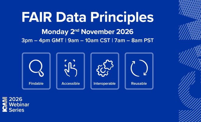 Promotional image for the ICAM's webinar titled FAIR Data Principles. It includes date and time of the webinar (Monday 2 November, 3.00-4.00pm GMT (9.00-10.00am CST, 7.00-8.00am PST), ICAM 2026 webinar series logo and the ICAM supergraphic against a blue background. The centre of the image includes icons for the fair acronym, a magnifying glass represents findable, a finger pointing represents accessible, two gear cogs represent interoperable and a two-step circular process circle represents reusable.