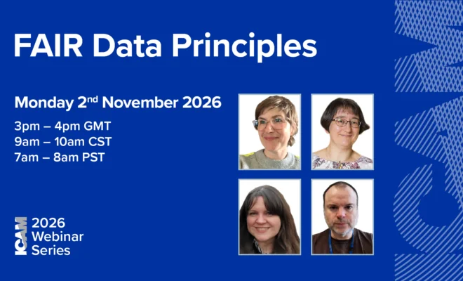Promotional image for the ICAM's webinar titled FAIR Data Principles. It includes date and time of the webinar (Monday 2 November, 3.00-4.00pm GMT (9.00-10.00am CST, 7.00-8.00am PST), portraits of the four guest speakers and the ICAM supergraphic against a blue background.